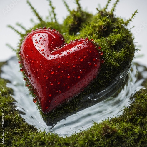 A vibrant red heart with water droplets on moss, set against a white background.