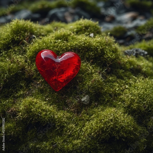 Glistening red heart atop moss, isolated on a white backdrop.