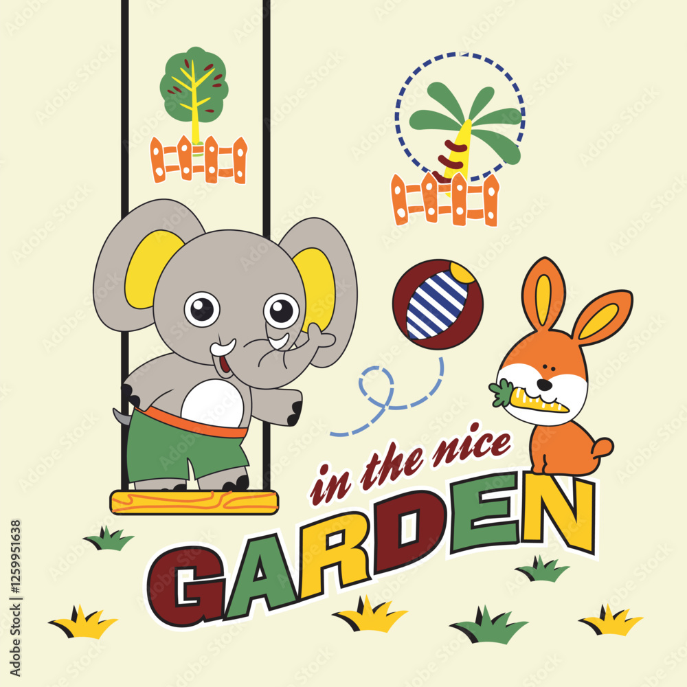 Fototapeta premium elephant and rabbit playing swing in the park,design cartoon vector illustration