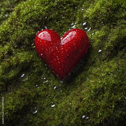 Close-up of a bold red heart, dewy and resting on lush moss, with a clear background.