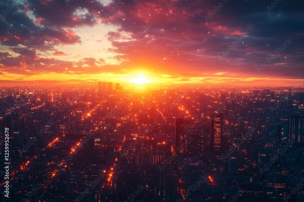 Cityscape sunset, fiery sky, aerial view, night lights, urban fantasy Cityscape sunset, fiery sky, aerial view, night lights, urban fantasy