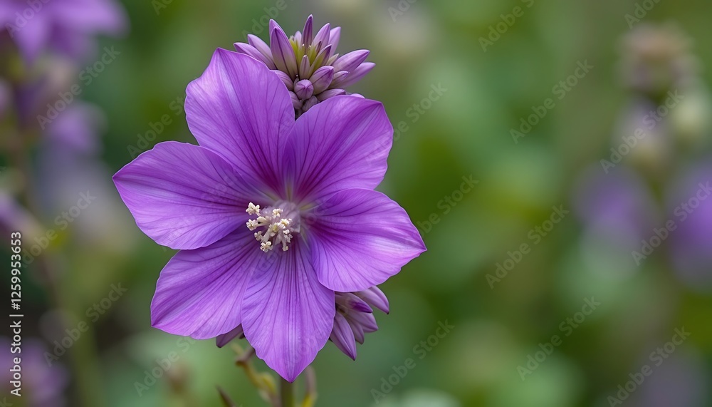 Obraz premium Close-up of a vibrant purple flower with detailed petals and blurred background, showcasing its delicate beauty in nature's garden.