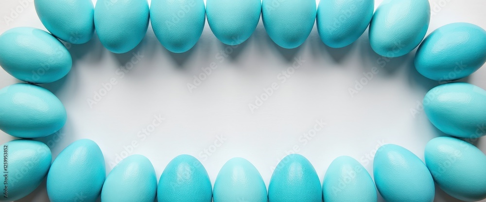 Vibrant Turquoise Easter Eggs Wallpaper Banner Poster Design. A row of blue eggs arranged in a circle on a white surface. Vibrant Turquoise Easter Eggs Wallpaper Banner Poster Design. A row of blue eggs arranged in a circle on a white surface.
