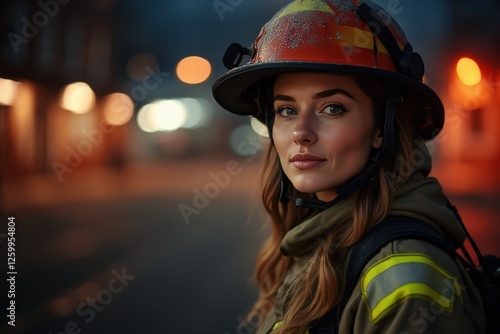 40 years old Bulgarian female firefighter looking at camera against blurred firestation background. photo