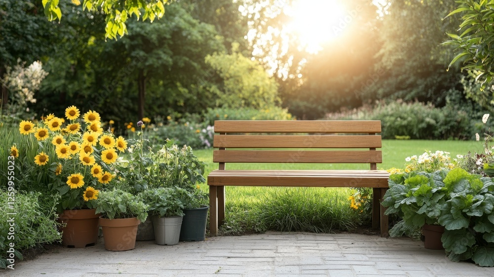 Relaxing garden scene with bench and flowers at sunset nature Relaxing garden scene with bench and flowers at sunset nature