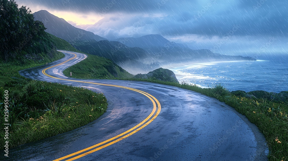 Obraz premium Winding road beside scenic coastal landscape.