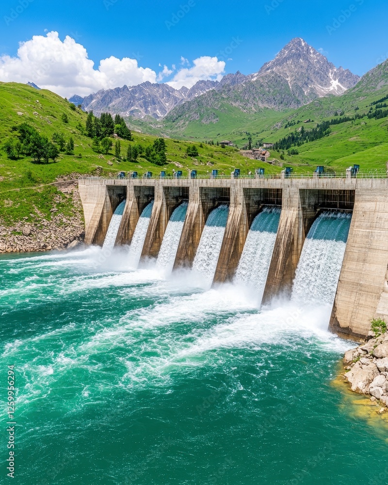 Dam releasing water into turquoise river surrounded by lush mountains and clear blue sky on sunny day Dam releasing water into turquoise river surrounded by lush mountains and clear blue sky on sunny day
