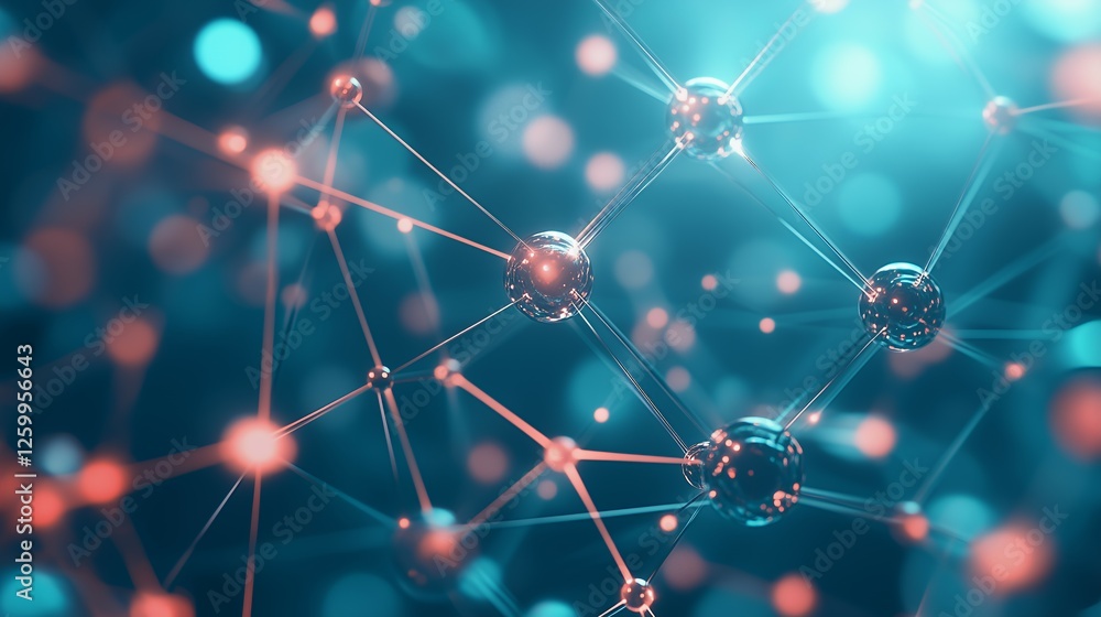 Abstract 3D rendering of a complex network of glowing spheres and lines, teal and coral colors, bokeh background; concept for technology, science, and connection Abstract 3D rendering of a complex network of glowing spheres and lines, teal and coral colors, bokeh background; concept for technology, science, and connection