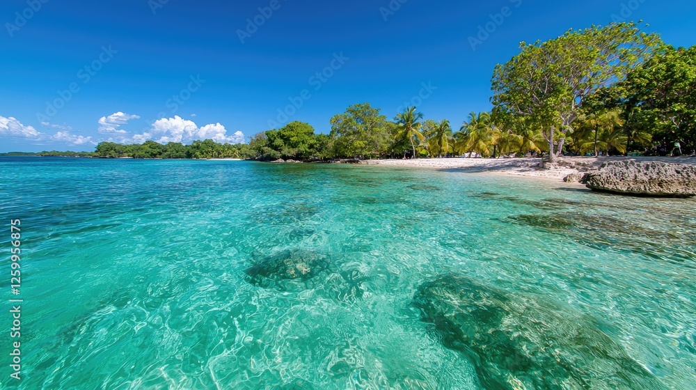 Fototapeta premium Tropical Beach Paradise, Turquoise Water, Sunny Day, Vacation Destination, Print Opportunity