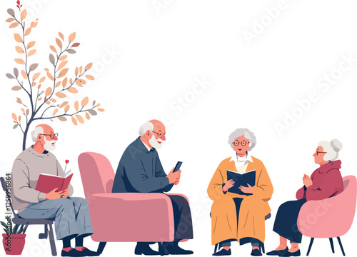 Vsai elderly people using technology and reading books in retirement home