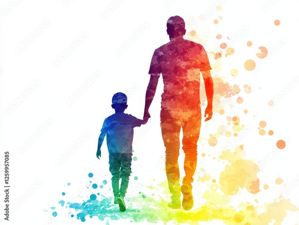 Colorful Silhouette of Parent and Child Holding Hands in Abstract Art Style