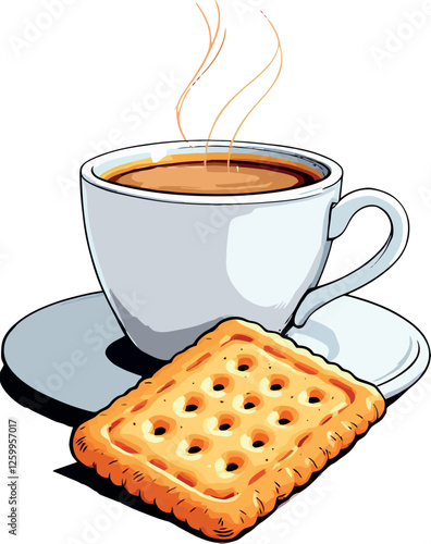 Vsai steaming cup of coffee with a square cracker on a saucer
