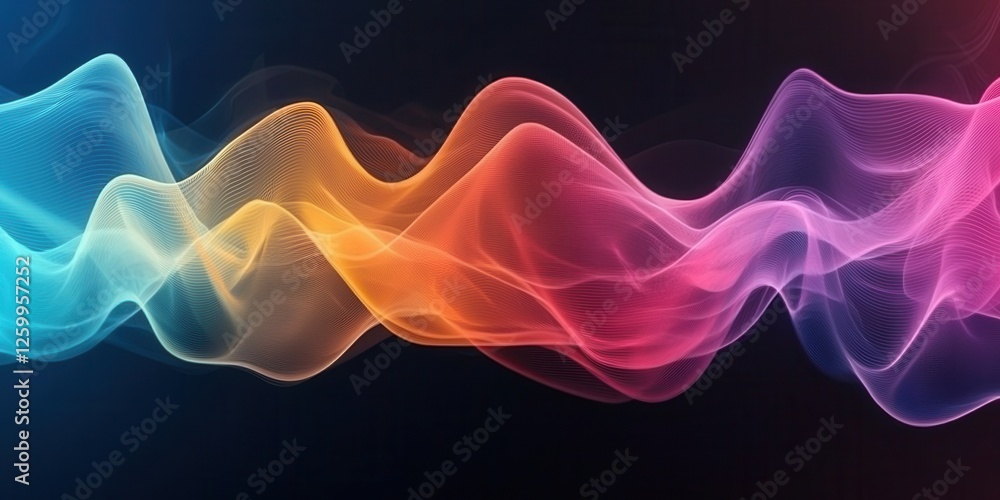 Fototapeta premium Live podcast banner background. A vibrant abstract wave design featuring flowing colors like blue, orange, and pink on a dark background, evoking a sense of movement and energy.