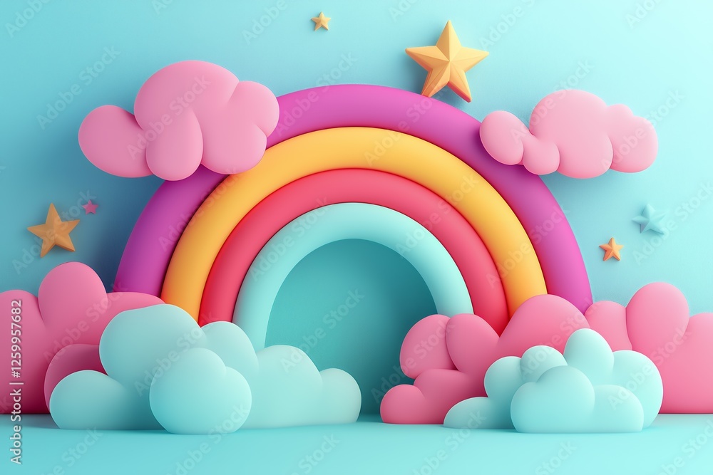 Pastel rainbow arch with fluffy clouds and stars on light blue background, concept for children's birthday party, baby shower, or fairytale themed designs Pastel rainbow arch with fluffy clouds and stars on light blue background, concept for children's birthday party, baby shower, or fairytale themed designs