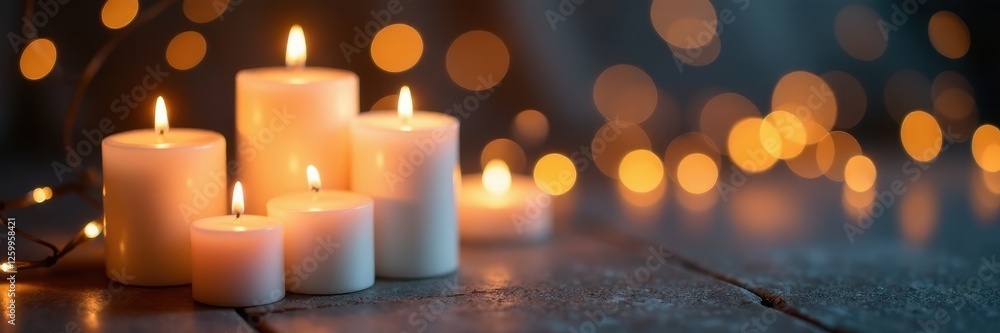 Cluster of white pillar candles and string lights, bokeh effect , night, warm light Cluster of white pillar candles and string lights, bokeh effect , night, warm light