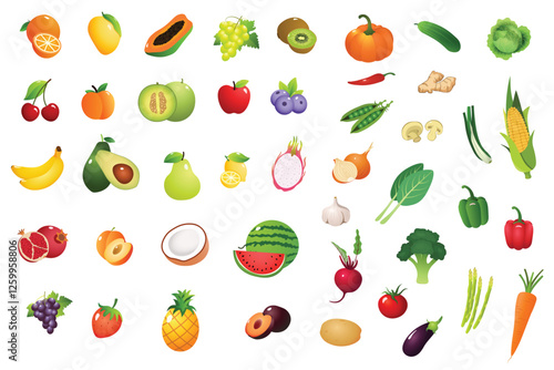 Large set of fruits and vegetables. All kinds of green vegi and fruit for cooking meals. Vegetables and fruits in a juicy cartoon style. A bright element for design. Apple, tomato, cucumber, plum, pas