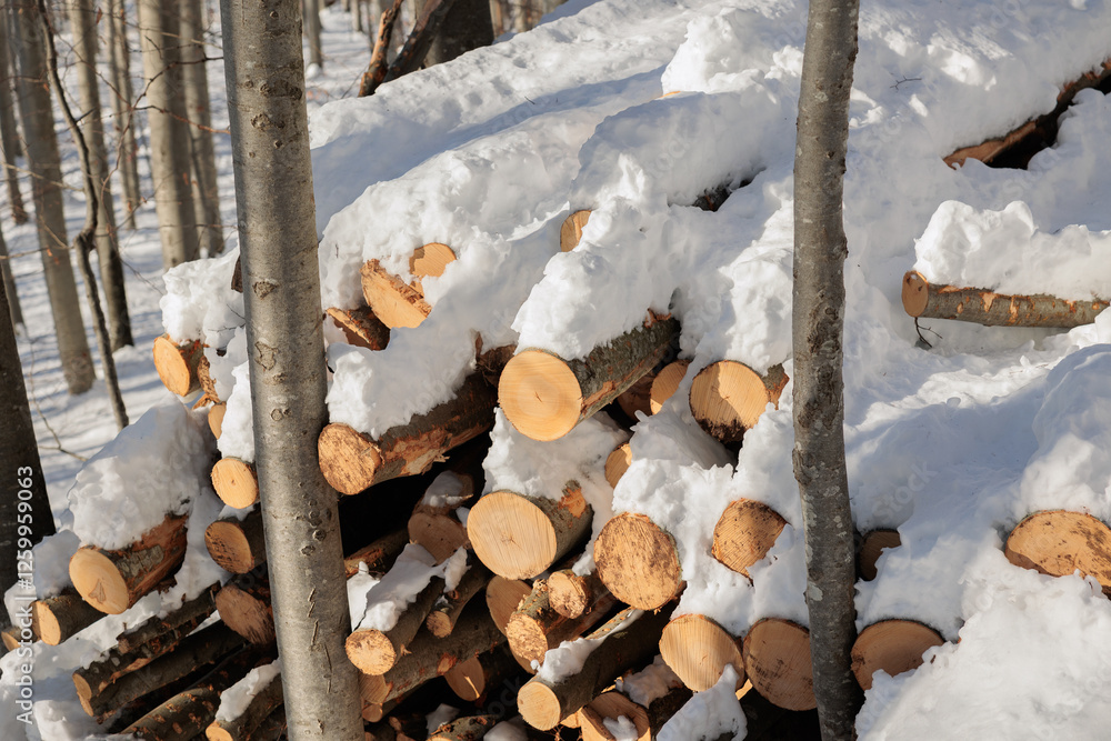 catasta di legna di alberi tagliati, coperta di neve, di mattina, in un bosco in collina, in slovenia, in inverno