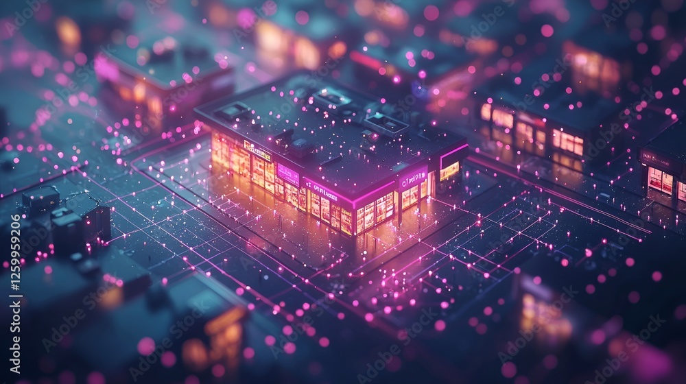 Fototapeta premium Digital city, futuristic shopping mall, network connections, aerial view, stock photo
