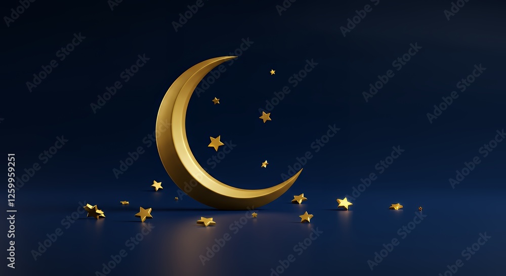 Naklejka premium Golden Crescent Moon and Stars on Dark Blue Background Illustration