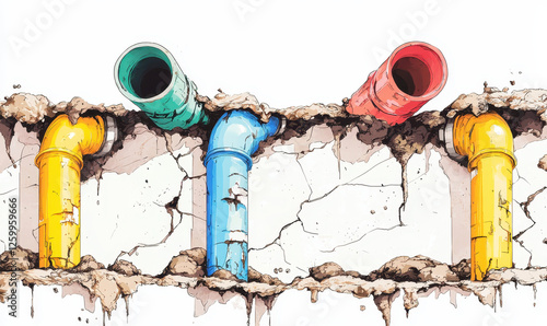 A Vivid Depiction of Colorful Pipe Infrastructure Emerging from Cracked Concrete, Merging Artfulness with Industrial Design