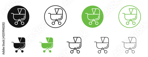 Baby carriage icons in black and green colors collection