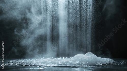 Dramatic close-up of a steaming shower drain with rushing water in a private bathroom