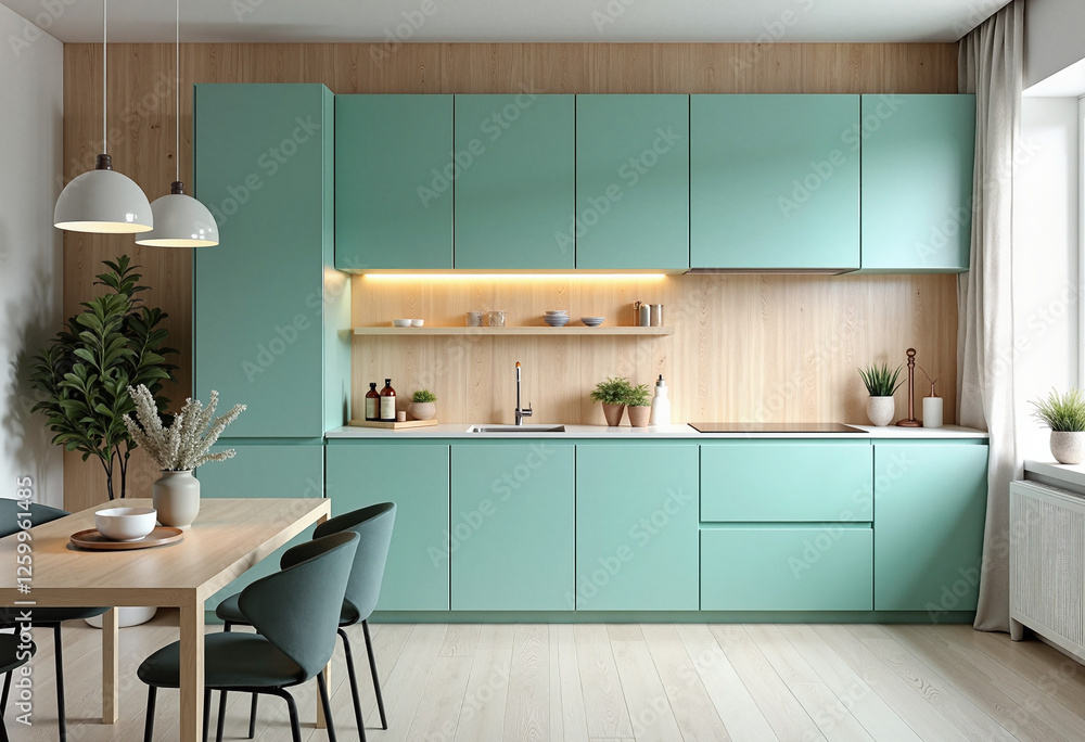 Modern kitchen interior with aqua cabinets and light wood paneling, creating a refreshing atmosphere. Minimalist design concept. Modern kitchen interior with aqua cabinets and light wood paneling, creating a refreshing atmosphere. Minimalist design concept.