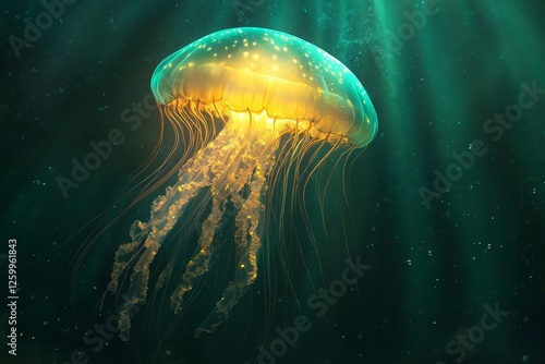 Golden jellyfish underwater, ocean sunbeams, aquarium background, marine life poster