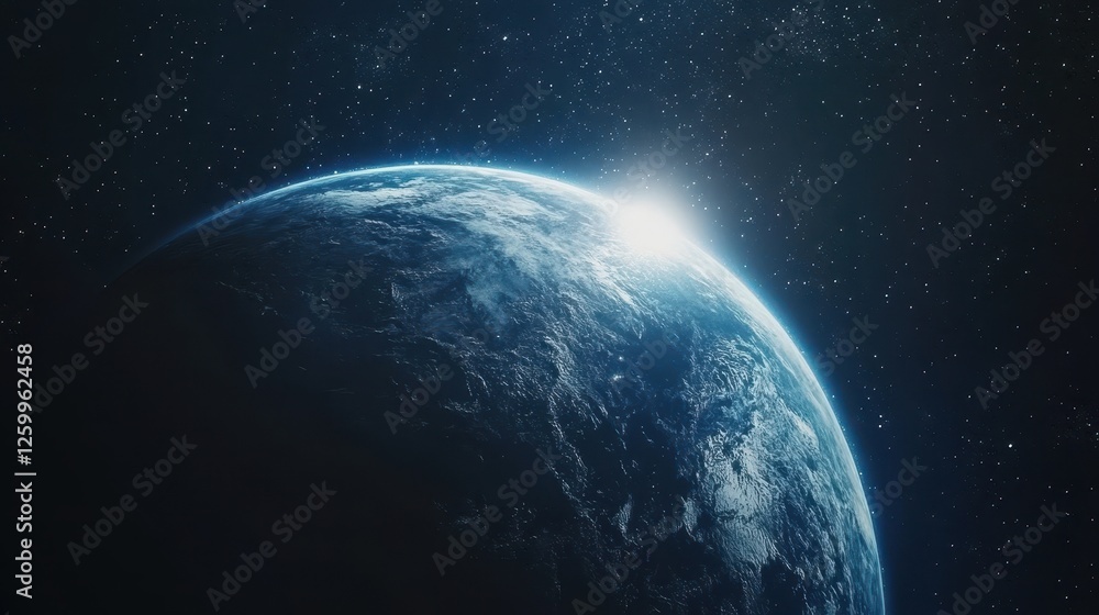 Obraz premium Sun rises over a blue planet in deep space