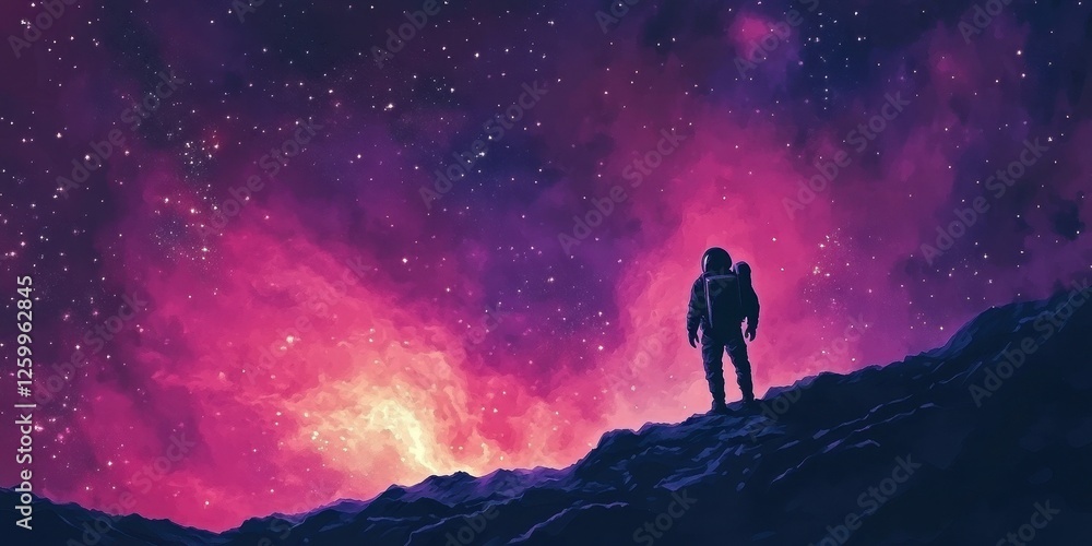 Astronaut stands on a celestial body looking at a nebula Astronaut stands on a celestial body looking at a nebula
