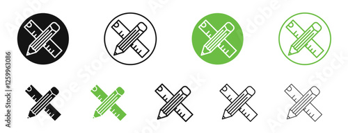 Pencil and ruler icons in black and green colors collection