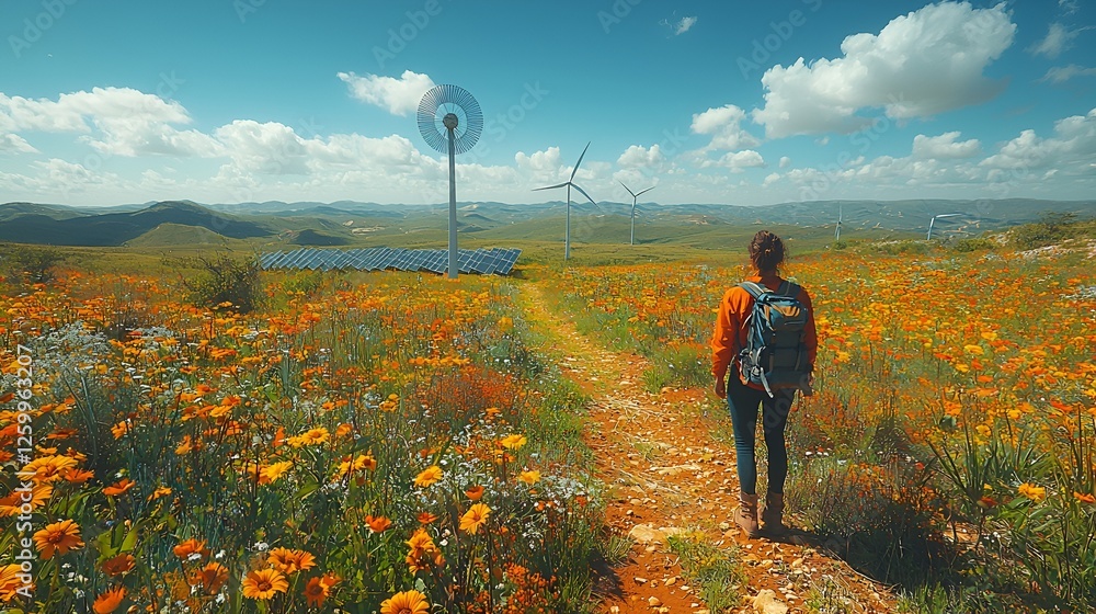Fototapeta premium Woman hiking through flower field with solar panels and wind turbines