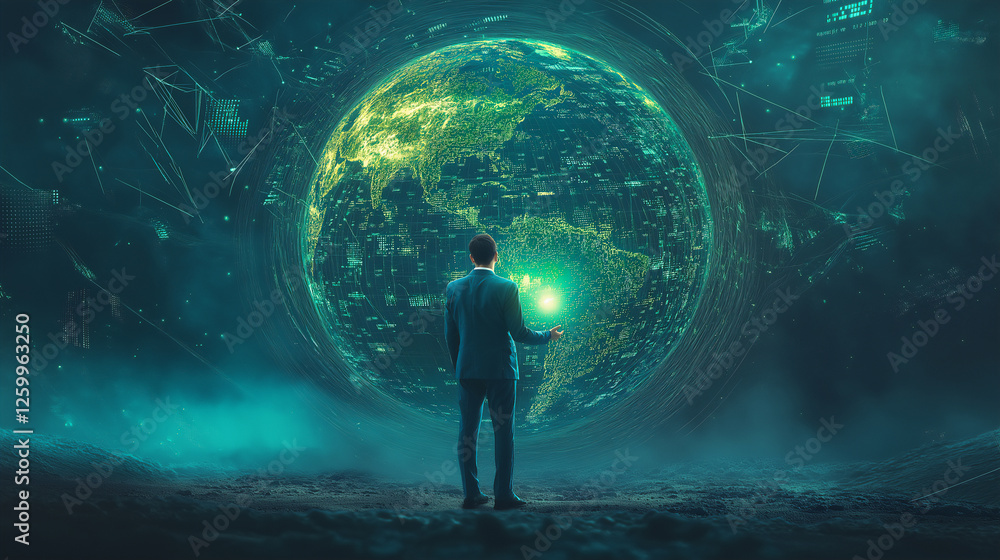 Fototapeta premium Businessman in a suit standing at the intersection of technology and nature.