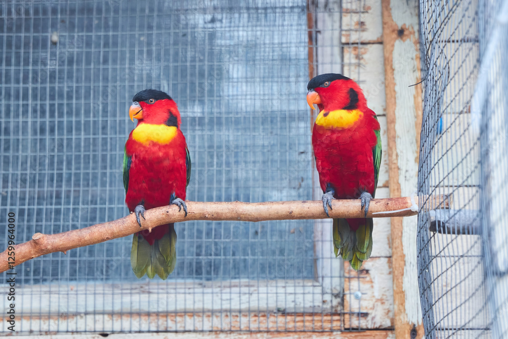 Obraz premium Pedigreed parrots, exotic species. Nursery for breeding rare breeds of birds