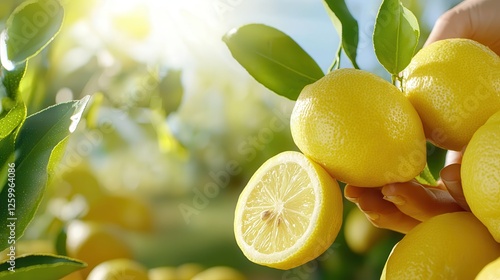 lemon hand picking organic harvest. Fresh lemons on a tree with sunlight shining down.