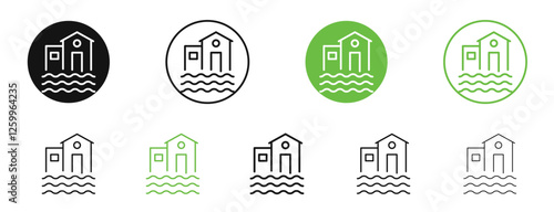 House flood icons in black and green colors collection