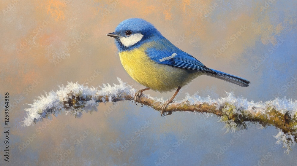 Obraz premium A Eurasian blue tit perched on a frost-covered branch in winter.