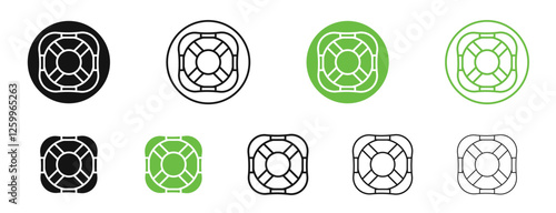 Life buoy icons in black and green colors collection