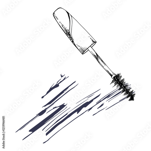 Make-up mascara smudge brush eyebrow eyelash bottle container with applicator. Isolated object, detailed line vector sketch, ink hand drawn. Beauty parlor salon illustration, packaging, cosmetics shop