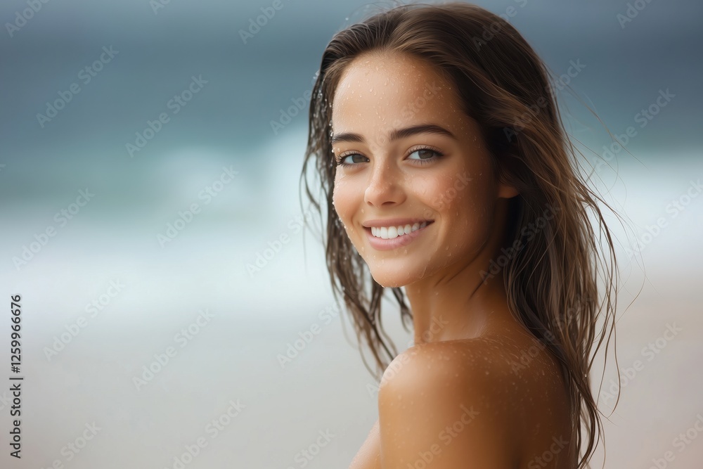 A young woman with wet hair smiling at the beach with ocean waves in the background.
