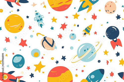 Colorful pattern with planets, rockets and stars in space style for children's rooms, patterns photo