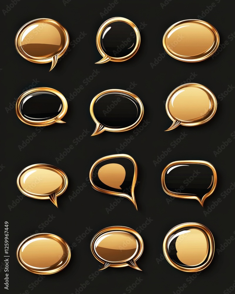 Gold Speech Bubble Template. Various Empty Speech Bubbles with Curved Corners for Communication and Dialogue Gold Speech Bubble Template. Various Empty Speech Bubbles with Curved Corners for Communication and Dialogue