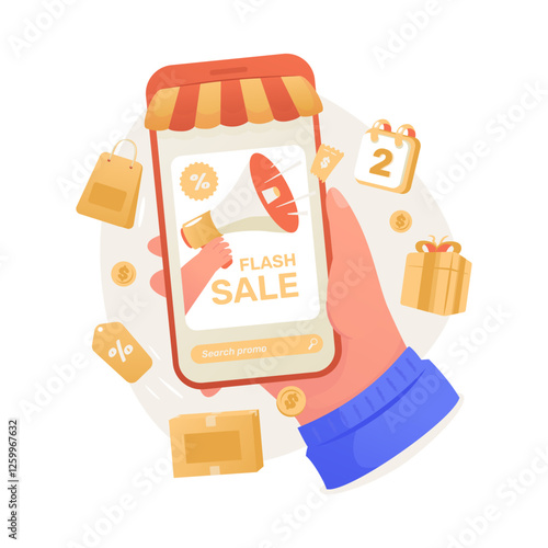 Hand holding phone with online shopping flash sale promo vector illustration