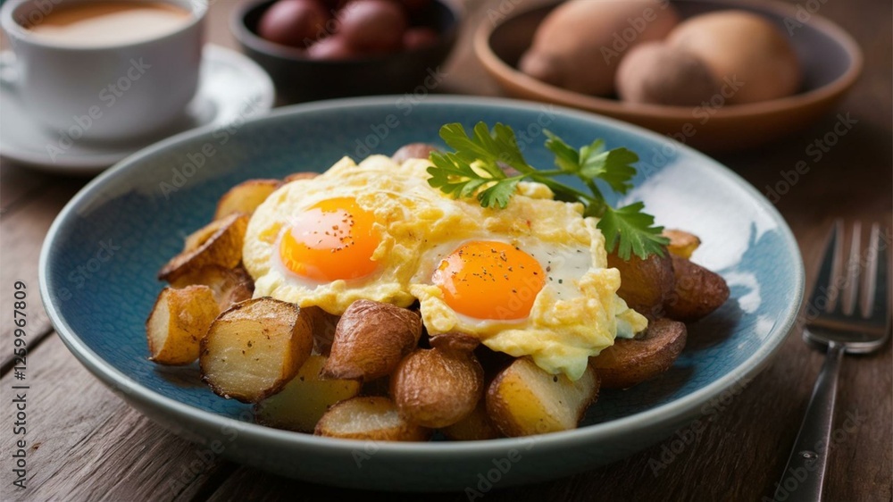 Potatoes and Eggs: Hearty breakfast with scrambled eggs and crispy potatoes. Potatoes and Eggs: Hearty breakfast with scrambled eggs and crispy potatoes.