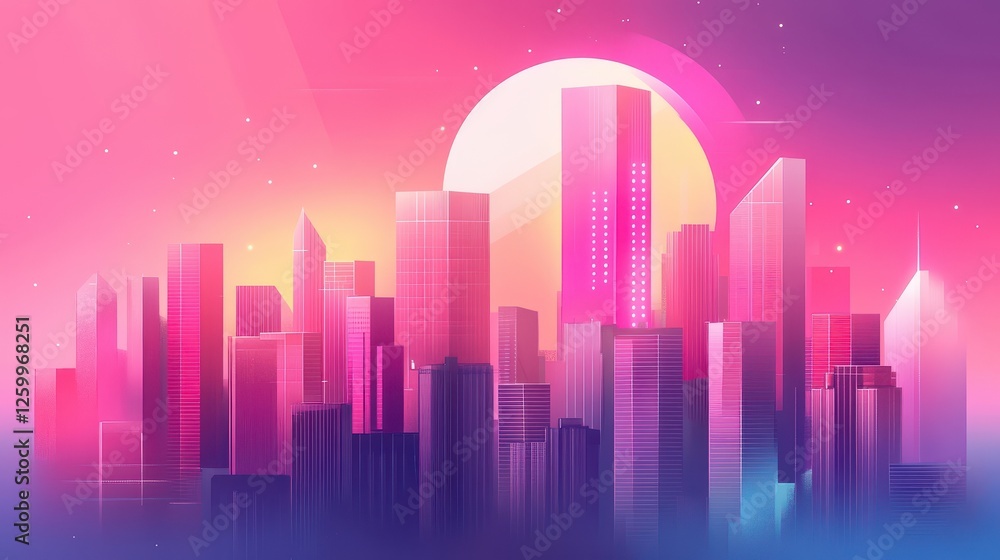 Colorful skyline with sun reflecting off of skyscrapers Colorful skyline with sun reflecting off of skyscrapers
