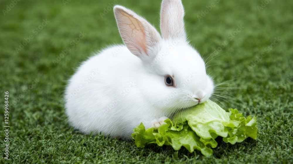 A rabbit nibbling on fresh lettuce in a grassy backyard. A rabbit nibbling on fresh lettuce in a grassy backyard.