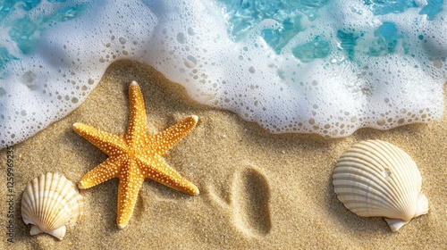 A serene beach scene featuring a vibrant starfish and delicate seashells resting on soft sand, with gentle waves lapping at the shore. photo