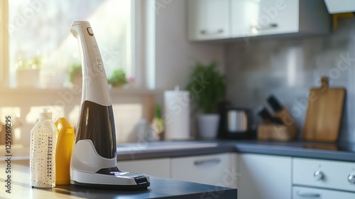 A modern cordless vacuum resting next to a set of cleaning supplies on a kitchen counter. photo