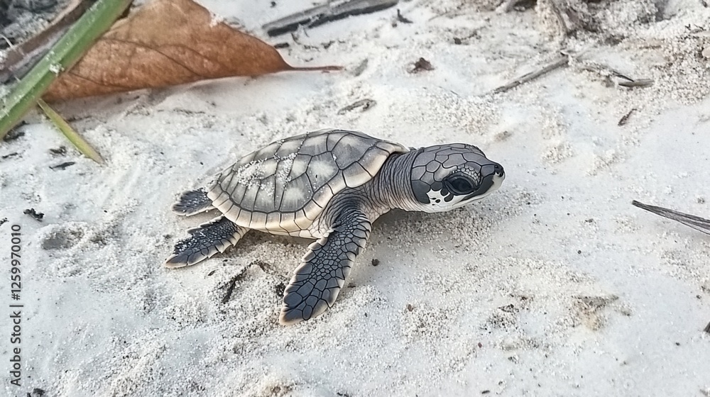 Obraz premium A tiny baby sea turtle making its way to the ocean.