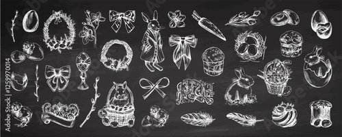 Vintage hand drawn Easter set with rabbits eggs bows wreaths willow branches and festive elements on chalkboard background